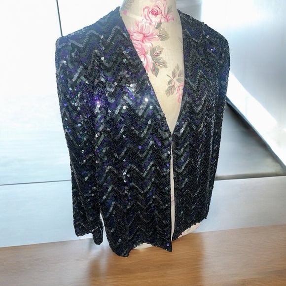 Vintage three flags Black Sequin Open Front Jacket with Structured Shoulders - Picture 1 of 11